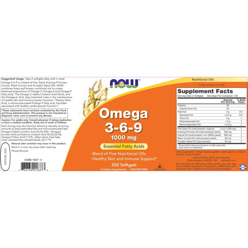Omega 3-6-9 1000 mg / 250 Гел капсули - NOW Foods