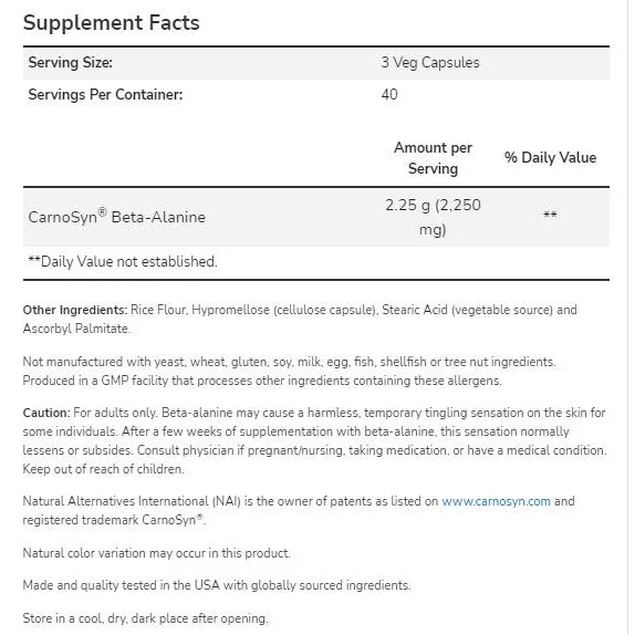 Beta-Alanine 750 mg | CarnoSyn® (40 дози) / 120 капсули - NOW Foods