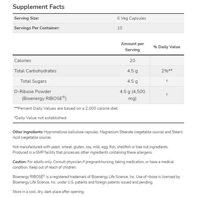 D-Ribose 750 mg (20 дози) / 120 капсули - NOW Foods