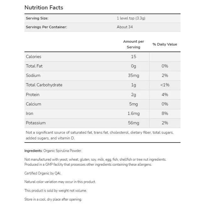 Spiruline Powder | Certified Organic (34 дози) / 113 грама - NOW Foods