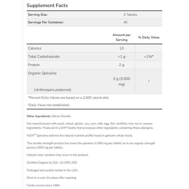 Spirulina 1000 mg (40 дози) / 120 Таблетки - NOW Foods