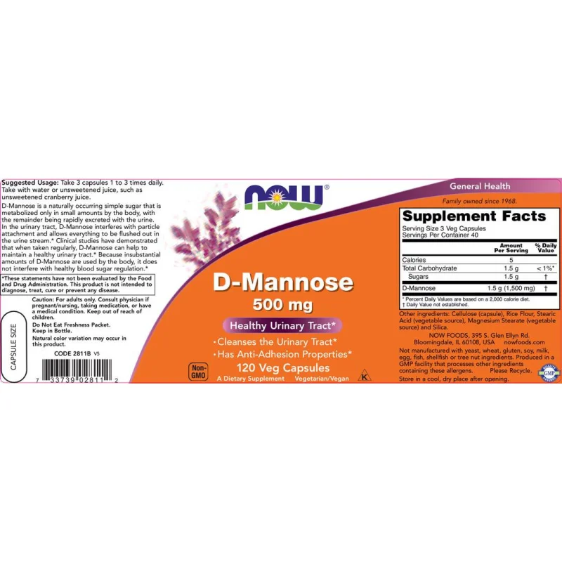 D-Mannose 500 mg (40 дози) / 120 капсули - NOW Foods
