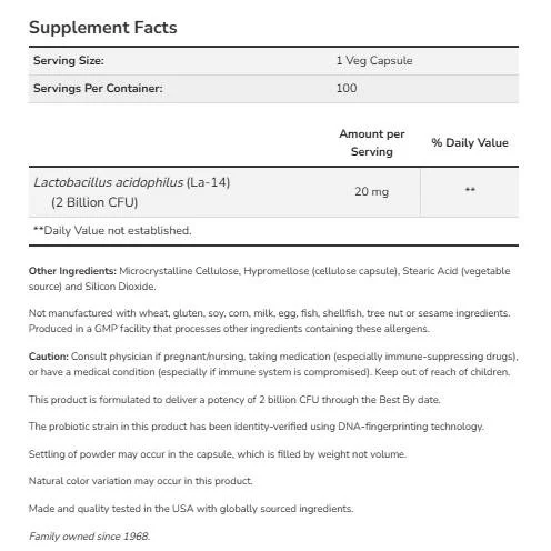 Acidophilus Two Billion (250 дози) / 250 капсули - NOW Foods