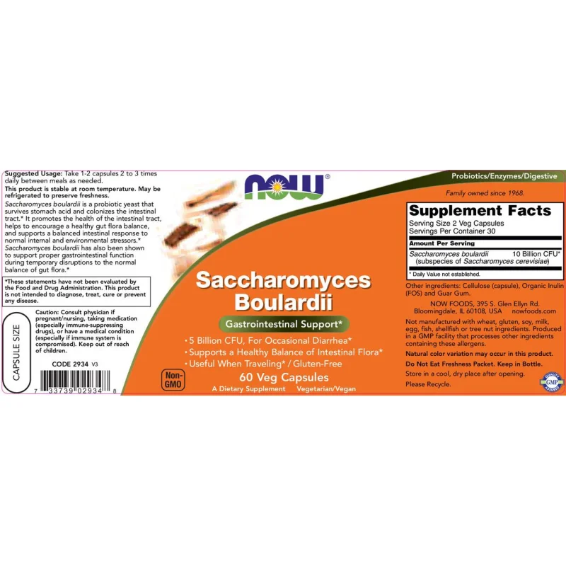 Saccharomyces Boulardii (30 дози) / 60 капсули - NOW Foods