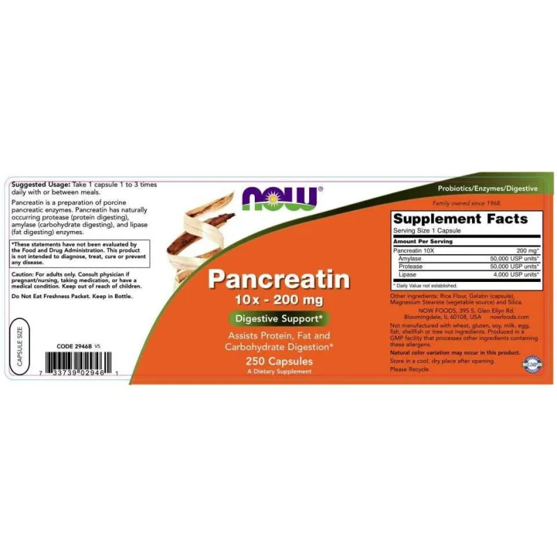 Pancreatin 2000 (250 дози) / 250 капсули - NOW Foods