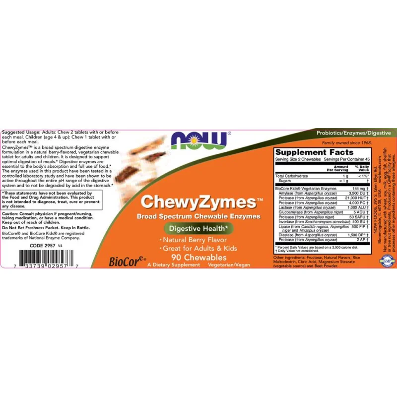 ChewyZymes / 90 Дъвчащи таблетки - NOW Foods