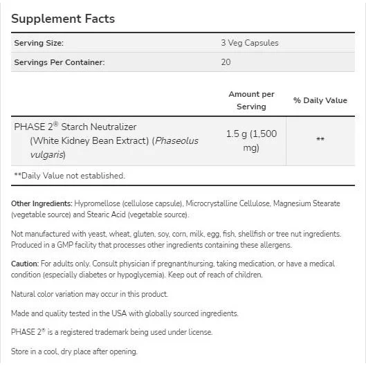 Phase 2® | White Kidney Bean Extract 500 mg (40 дози) / 120 капсули - NOW Foods