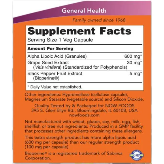 Alpha Lipoic Acid 600 mg / Extra Strength (120 дози) / 120 капсули - NOW Foods