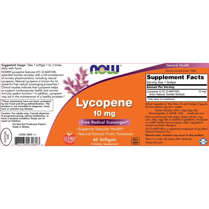 Lycopene 10 mg / 60 Гел капсули - NOW Foods