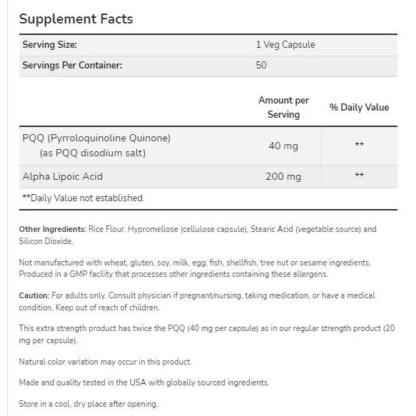 PQQ 40 mg Extra Strength | with Alpha Lipoic Acid 200 mg (50 дози) / 50 капсули - NOW Foods