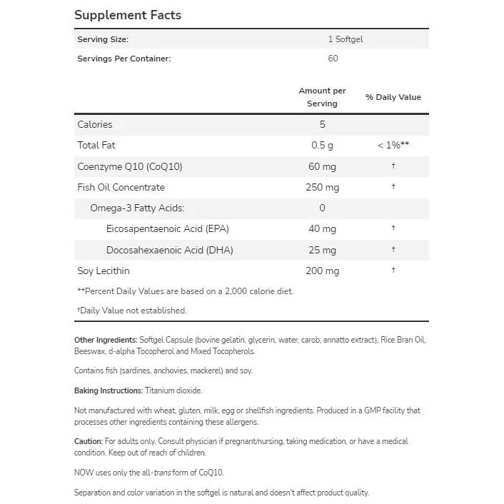 CoQ10 60 mg + Omega 3 (120 дози) / 120 Гел капсули - NOW Foods
