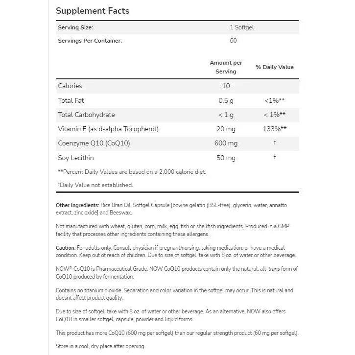 CoQ10 600 mg | Maximum Strength (60 дози) / 60 Гел капсули - NOW Foods
