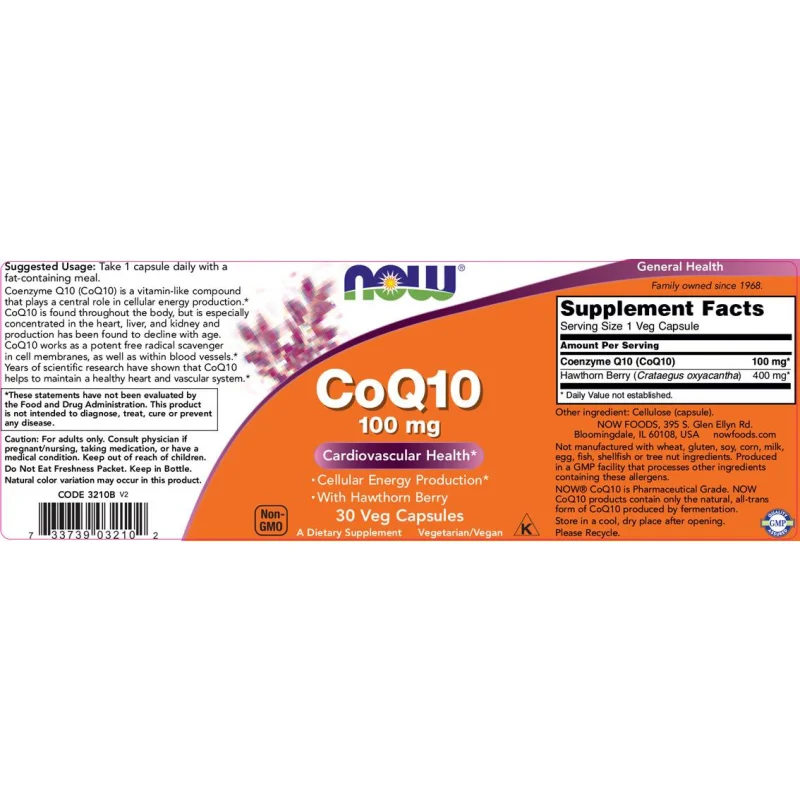 CoQ10 100 mg | with Hawthorn Berry (30 дози) / 30 капсули - NOW Foods