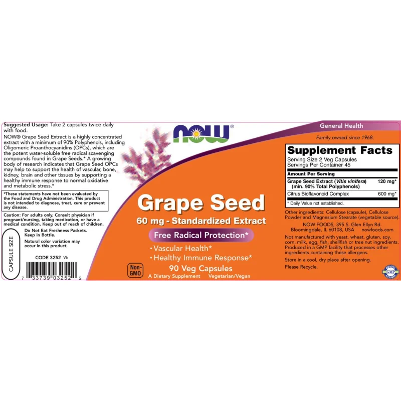 Grape Seed Antioxidant 60 mg / 90 капсули - NOW Foods