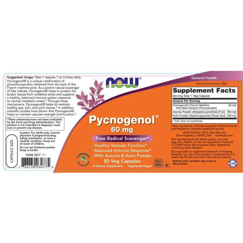 Pycnogenol 60 mg (50 дози) / 50 капсули - NOW Foods