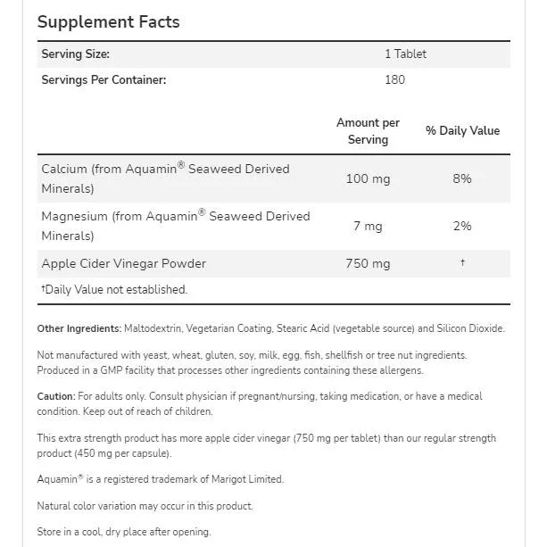Apple Cider Vinegar 750mg | Extra Strength (180 дози) / 180 Таблетки - NOW Foods