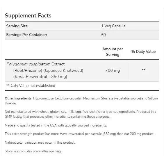 Resveratrol 350 mg | Extra Strength (60 дози) / 60 капсули - NOW Foods