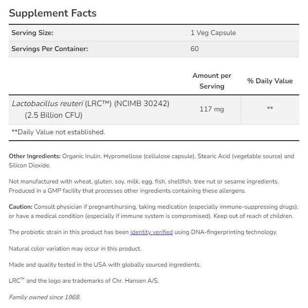 Clinical Heart Health Probiotic | Lactobacillus reuteri LRC™ 2.5 Billion (60 дози) / 60 капсули - NOW Foods