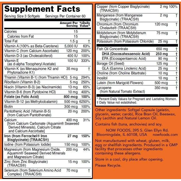 Prenatal + DHA (60 дози) / 180 Гел капсули - NOW Foods