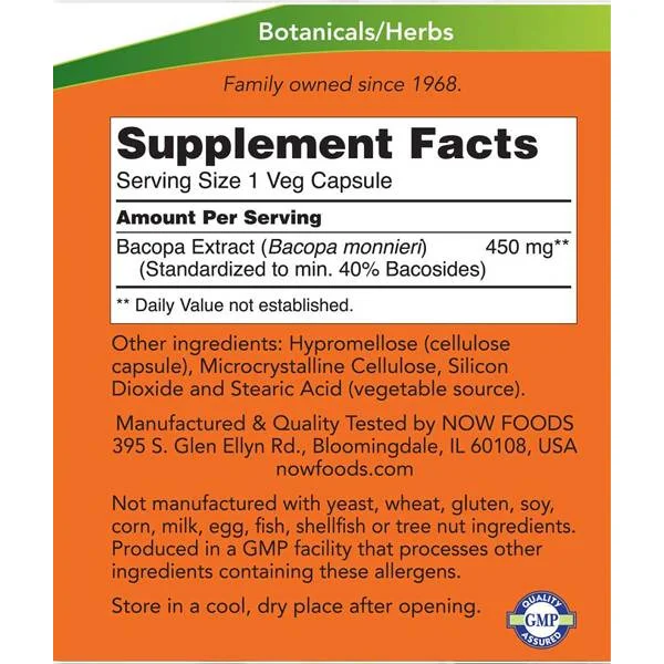 Bacopa Extract 450 mg (90 дози) / 90 капсули - NOW Foods