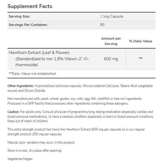 Hawthorn Extract 600 mg | Extra Strength (90 дози) / 90 капсули - NOW Foods