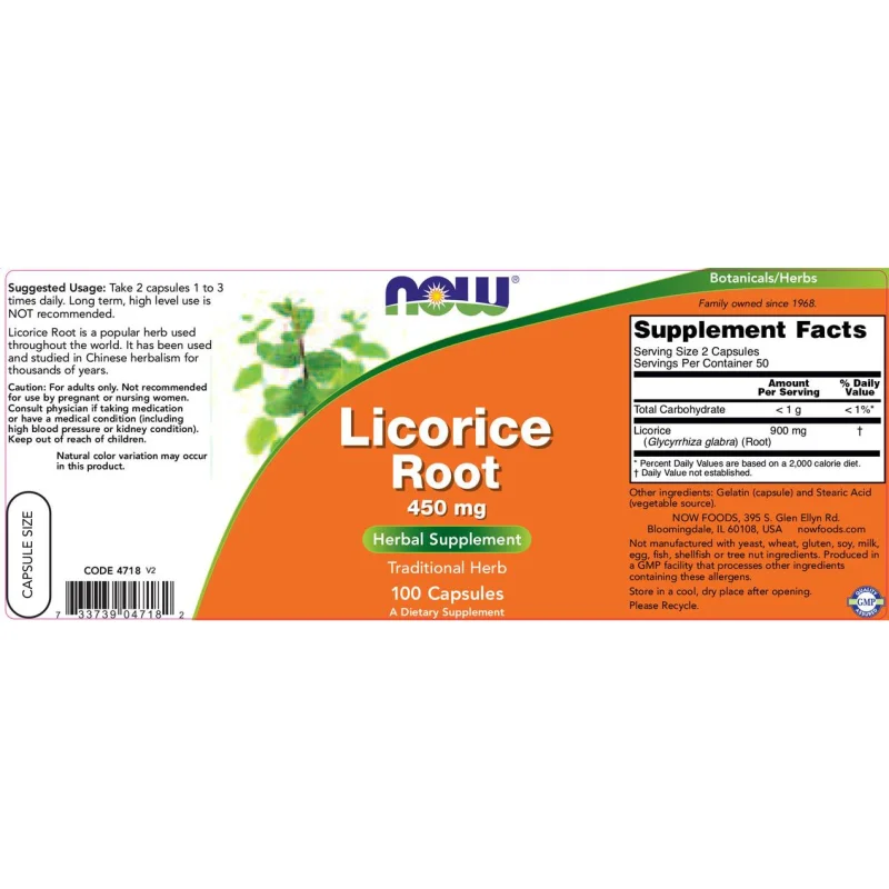 Licorice Root 450 mg / 100 капсули - NOW Foods