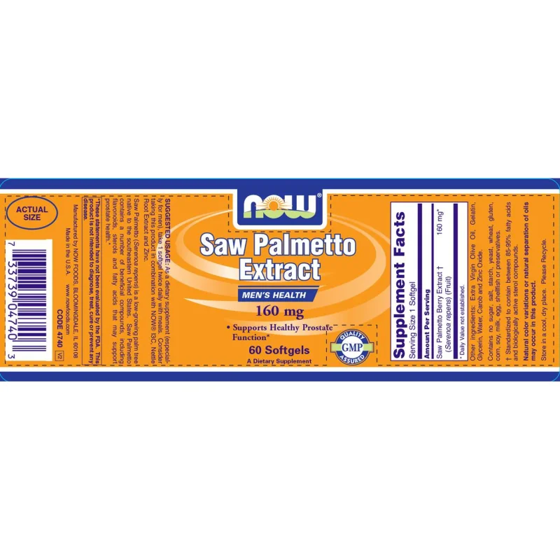 Saw Palmetto Extract 160 mg (60 дози) / 60 Гел капсули - NOW Foods