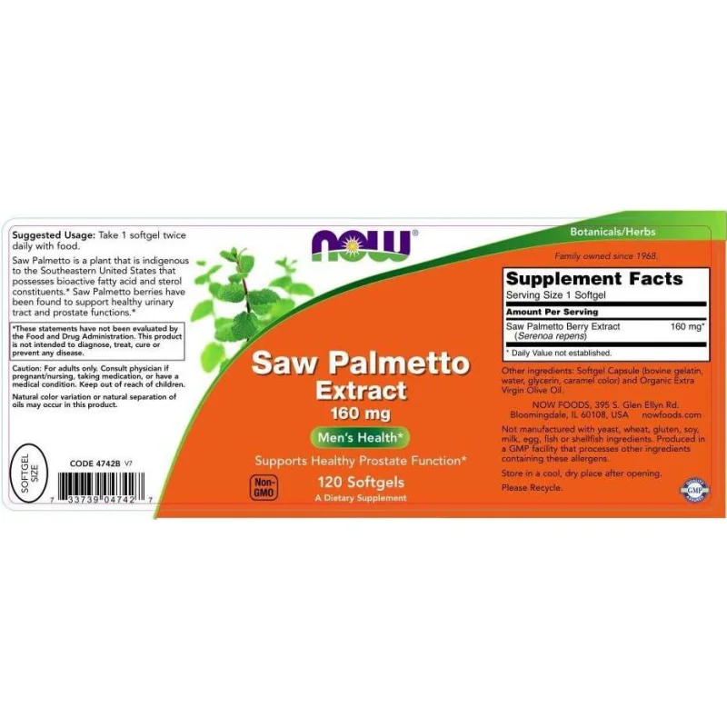 Saw Palmetto Extract 160 mg (120 дози) / 120 Гел капсули - NOW Foods