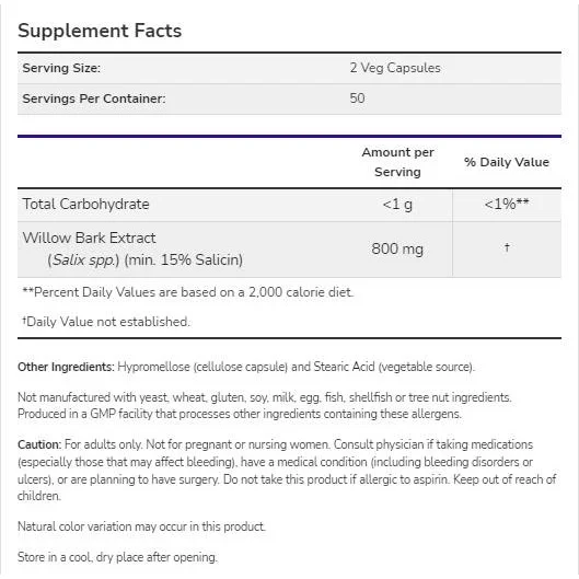 Willow Bark Extract 400 mg (50 дози) / 100 капсули - NOW Foods