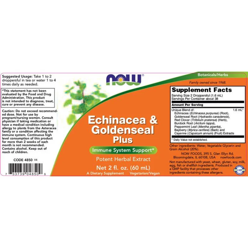 Echinacea & Goldenseal Plus (38 дози) / 60 мл - NOW Foods