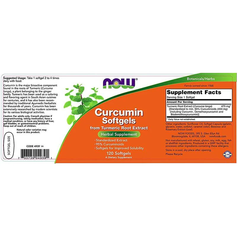 Turmeric Curcumin Softgels 475 mg (120 дози) / 120 Гел капсули - NOW Foods