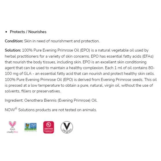 Evening Primrose Oil | 100% Pure Moisturizing Oil / 118 мл - NOW Foods