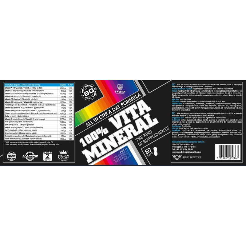 100% Vita Mineral / All in One a Day Formula / 60 капсули, 60 дози - SWEDISH Supplements