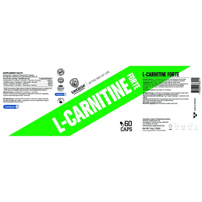 L-Carnitine Forte / Carnipure® + Acetyl / 60 капсули, 30 дози - SWEDISH Supplements