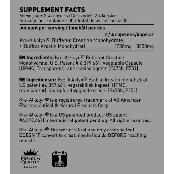 Kre-Alkalyn 750 mg / 120 капсули, 30 дози - SWEDISH Supplements