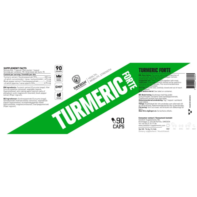 Turmeric Forte 500 mg | 95% Curcumin Extract with Black Pepper / 90 капсули - SWEDISH Supplements