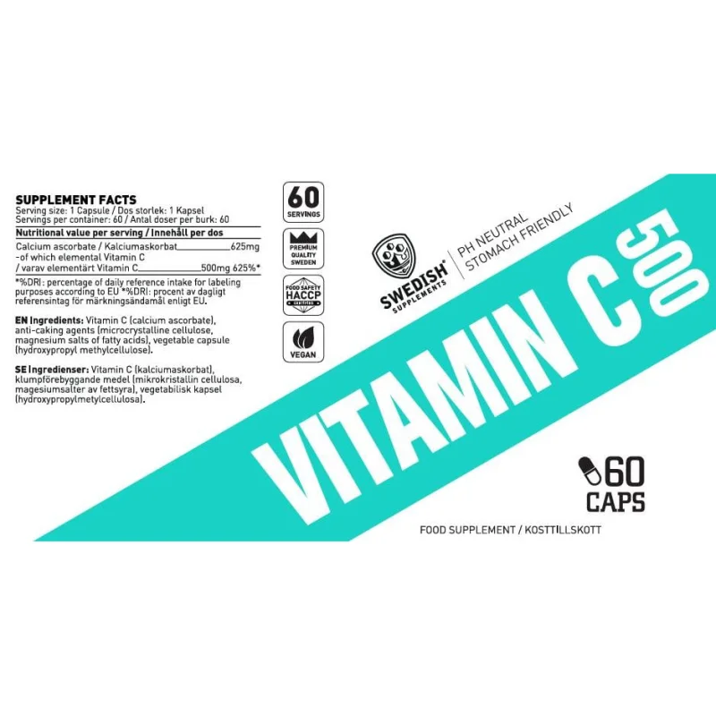 Vitamin C 500 mg (60 дози) / 60 капсули - SWEDISH Supplements