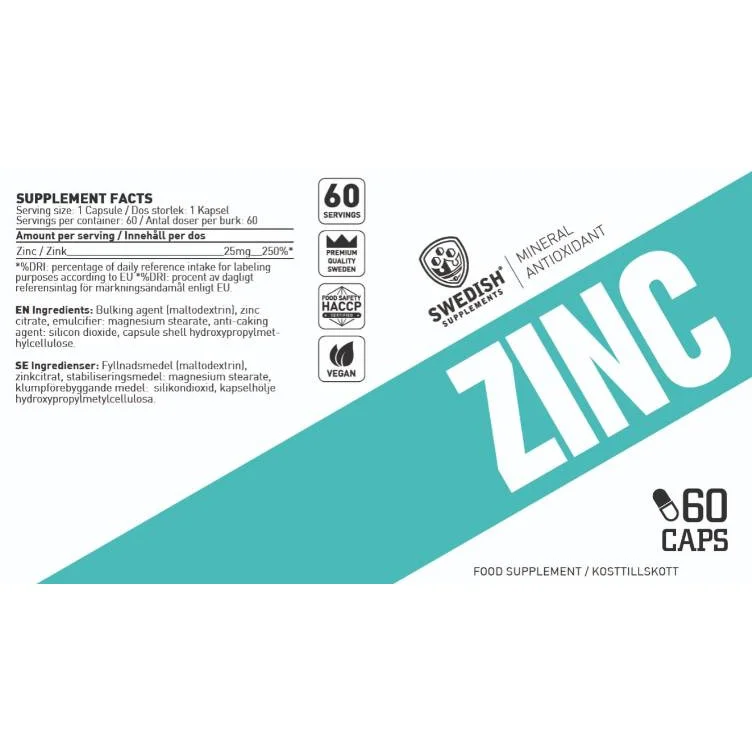Zinc 25 mg | as Zinc Citrate (60 дози) / 60 капсули - SWEDISH Supplements