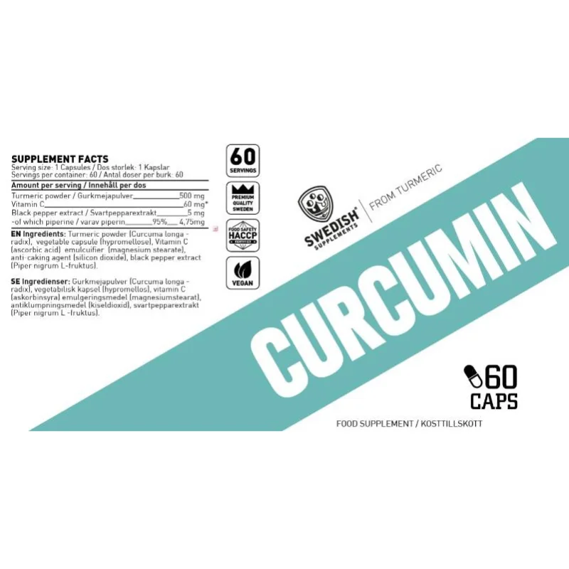 Curcumin Turmeric 500 mg | with Vitamin C & Black Pepper Piperine (60 дози) / 90 капсули - SWEDISH Supplements