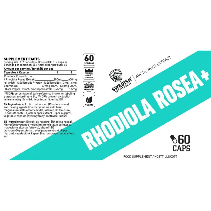 Rhodiola Rosea+ 300 mg | with Vitamin B5 & Black Pepper (60 дози) / 60 капсули - SWEDISH Supplements