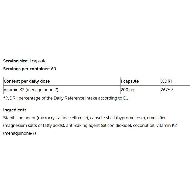 Vitamin K2 MK-7 200 mcg (60 дози) / 60 капсули - SWEDISH Supplements