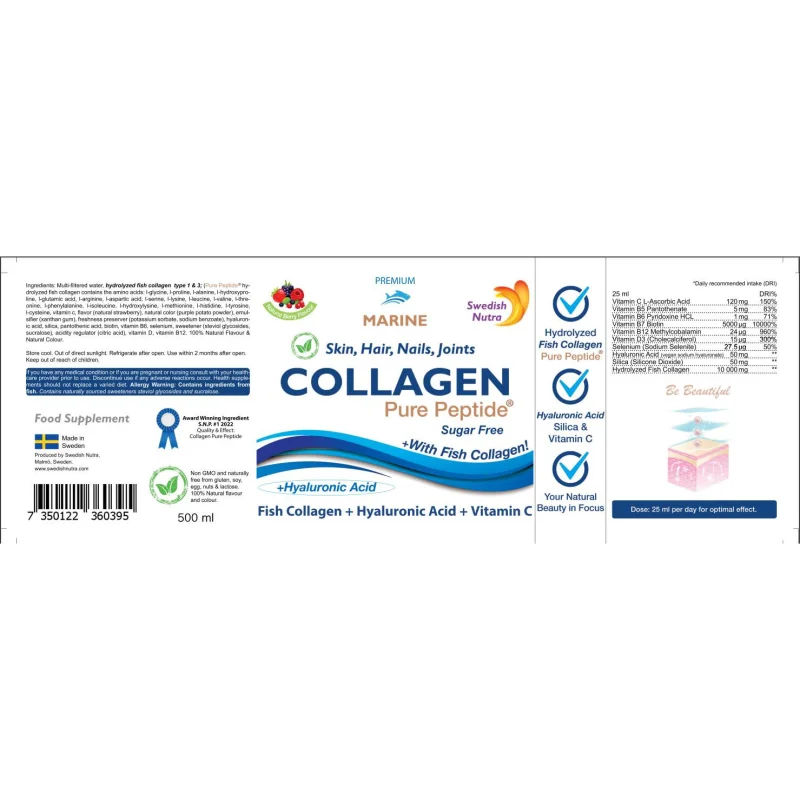 Fish Collagen 10 000 mg | with Hyaluronic Acid + Vitamin C / 500 мл, 20 дози - Swedish Nutra