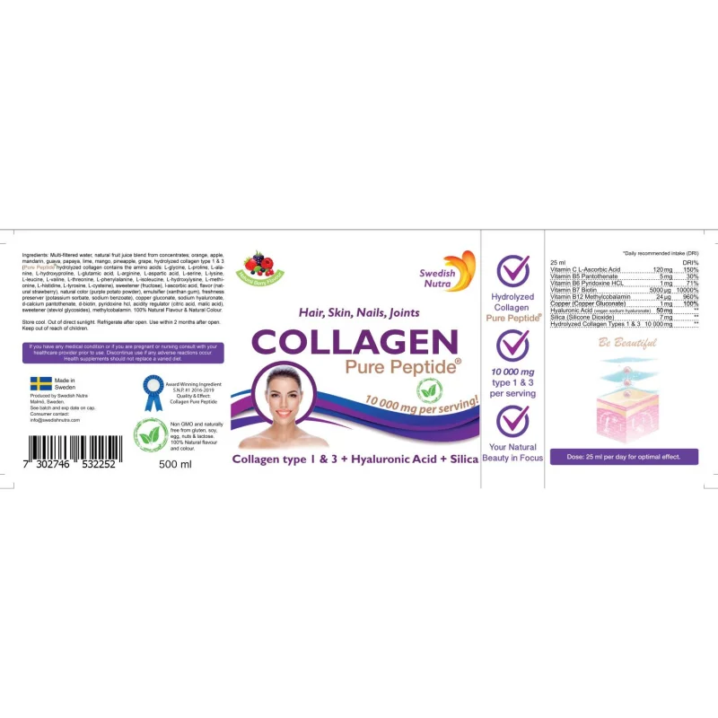 Collagen Types 1 & 3 | with with Hyaluronic Acid, Silica and Vitamin C / 500 мл, 20 дози - Swedish Nutra
