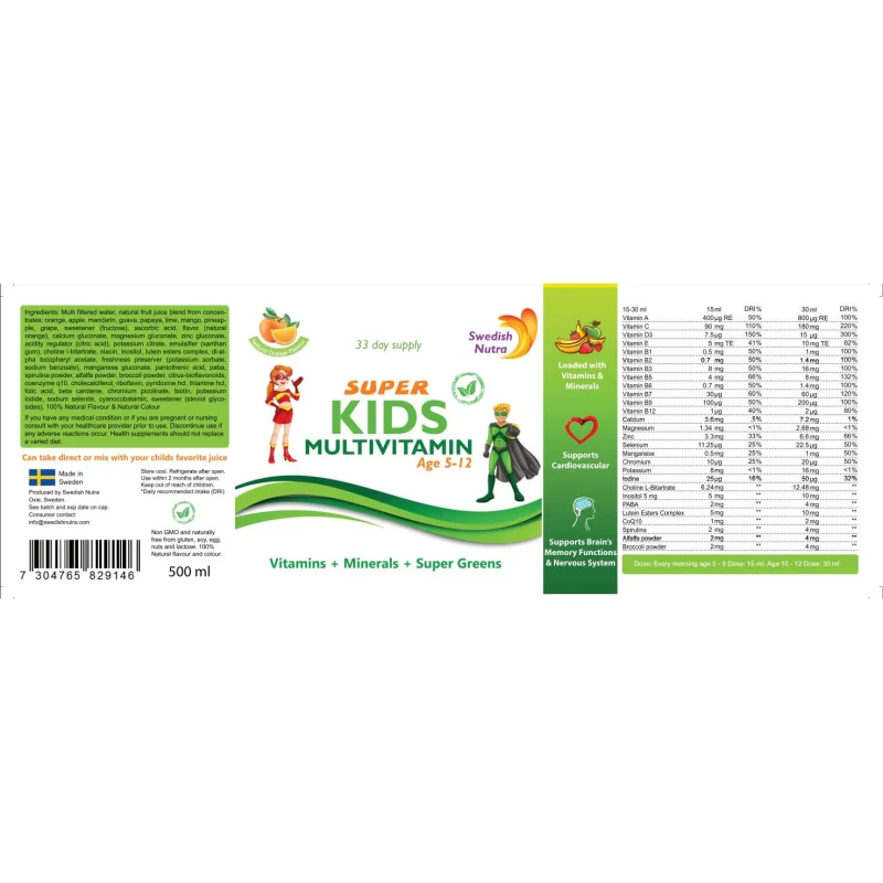 Kids Multivitamin | Vitamins + Minerals + Super Greens / 500 мл, 33 дози - Swedish Nutra
