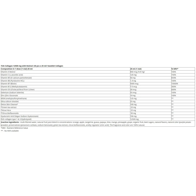 Collagen Retinol | 12500 mg Marine Collagen Peptides (30 дози) / 30 x 25 мл - Swedish Collagen