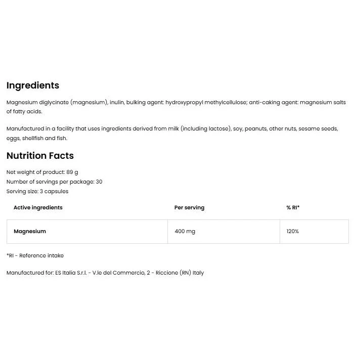 Magnesium Glycinate | 400 mg Magnesiuim Bisglycinate per Serving (30 дози) / 90 капсули - EthicSport
