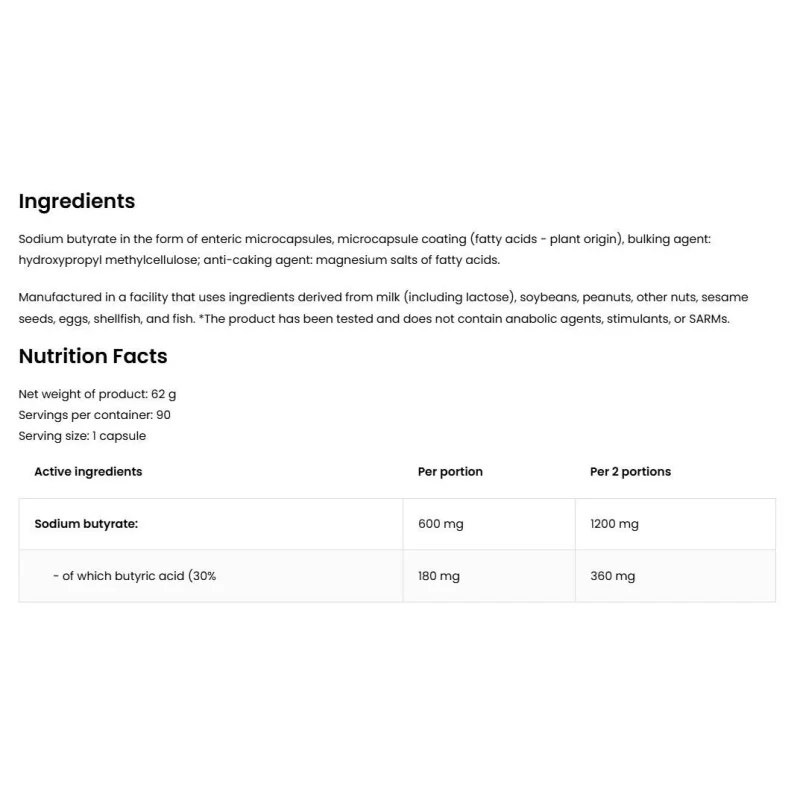 Sodium Butyrate 600 mg (45 дози) / 90 капсули - EthicSport