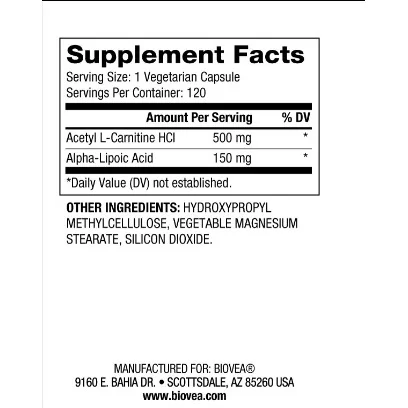Acetyl L-Carnitine + Alpha Lipoic Acid 650mg - Ацетил Л-Карнитин + Алфа Липоева Киселина, Разфасовка 120 vcaps - Biovea