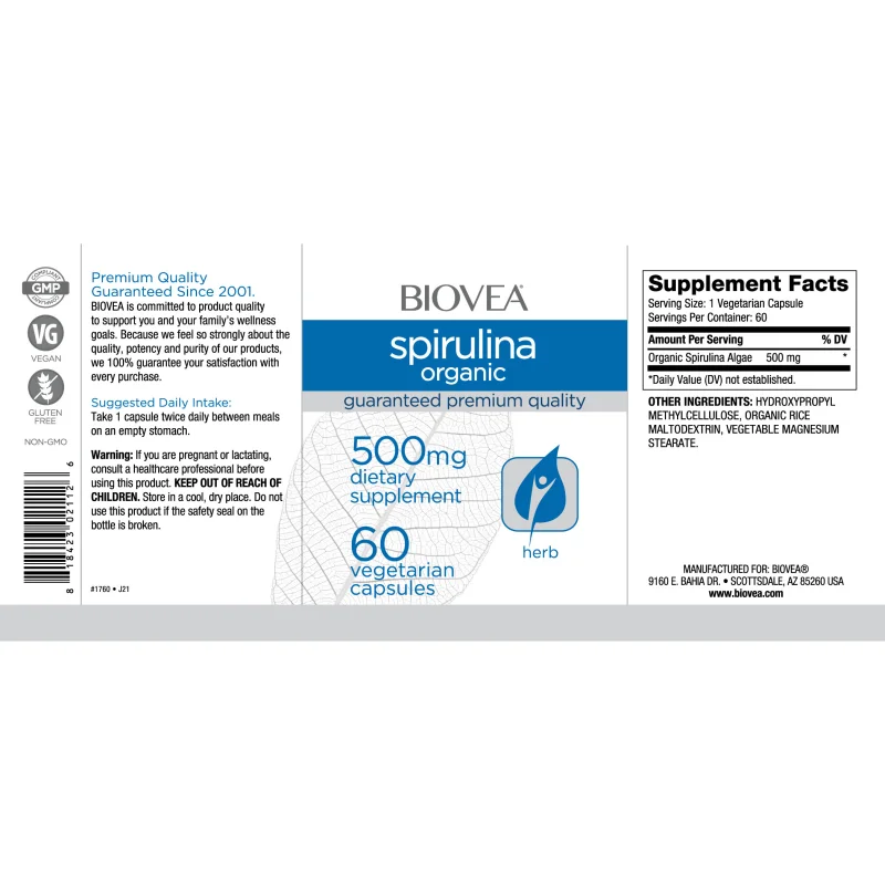 Spirulina Organic 500mg - Спирулина, Разфасовка 60 caps - Biovea