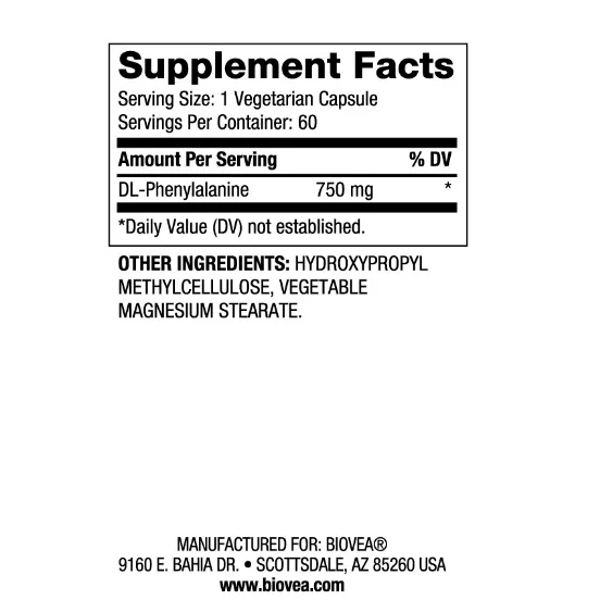 DLPA - DL-Phenylalanine 750mg, Разфасовка 60 caps - Biovea